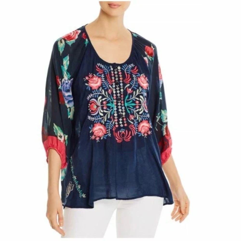 Johnny Was Rosey Embroidered Semi-Sheer Top Black Multi Size Medium